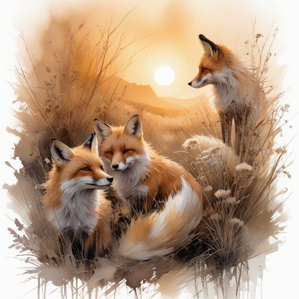Sepia Foxes in Early Spring Heath