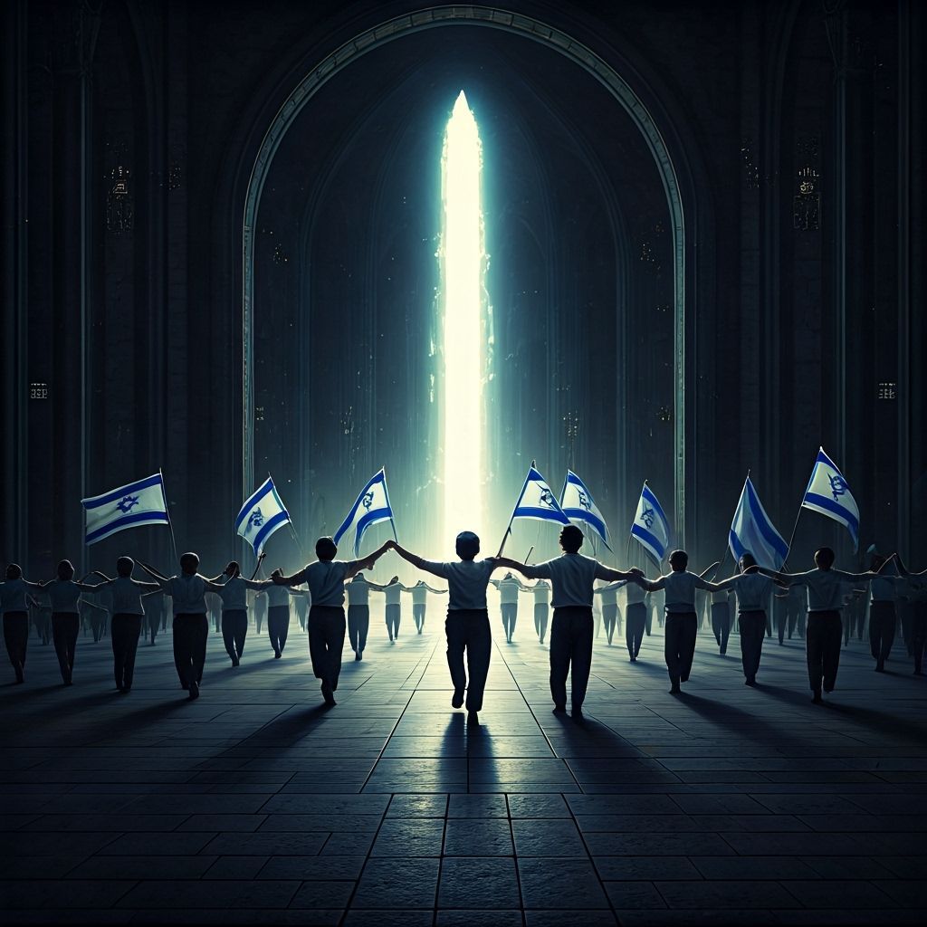 Joyous Israeli Children Dancing in Plaza