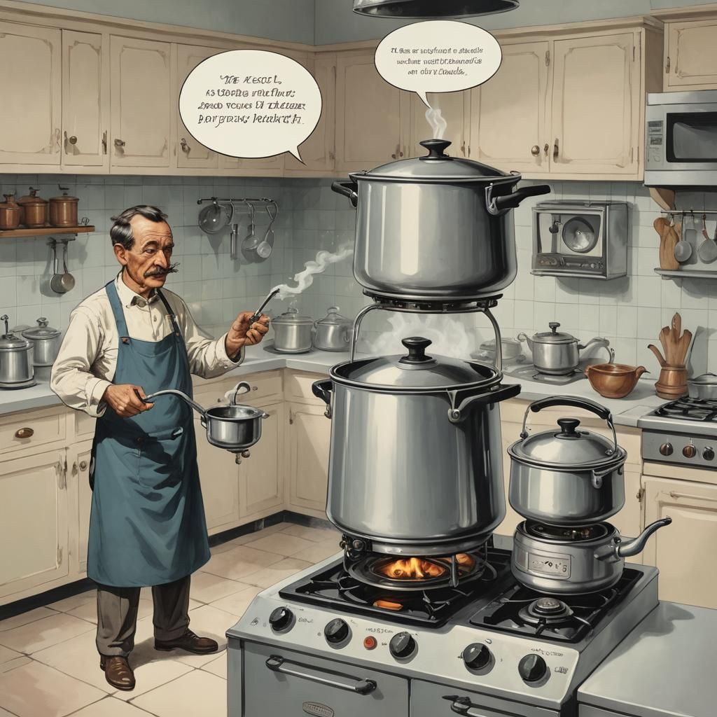 Modern Alchemy. Realistic the anthropomorphic pressure cooker is arguing with the anthropomorphic tea kettle on the stov...