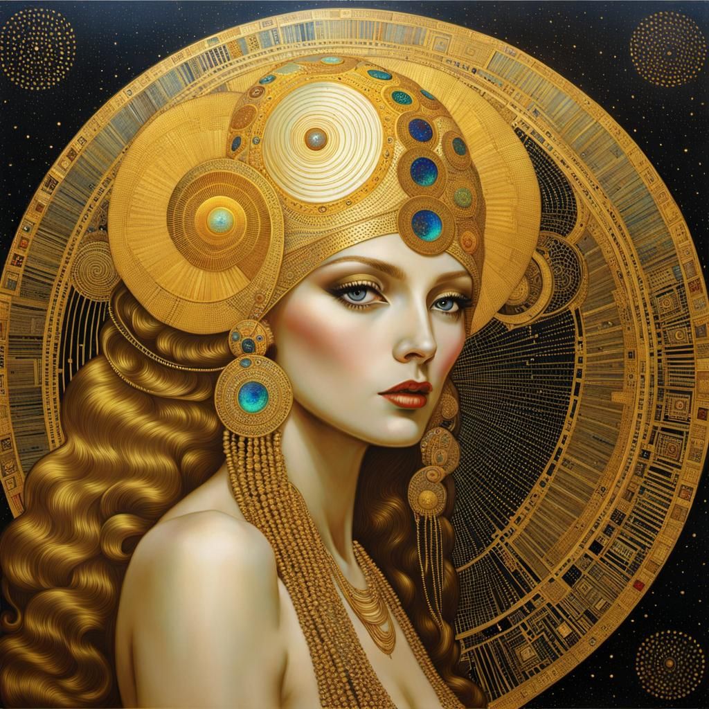 Golden Holographic Electroencephalogram in Art Nouveau Style