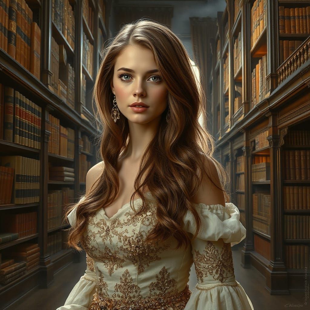 Ethereal Woman in Library, Art Nouveau Style