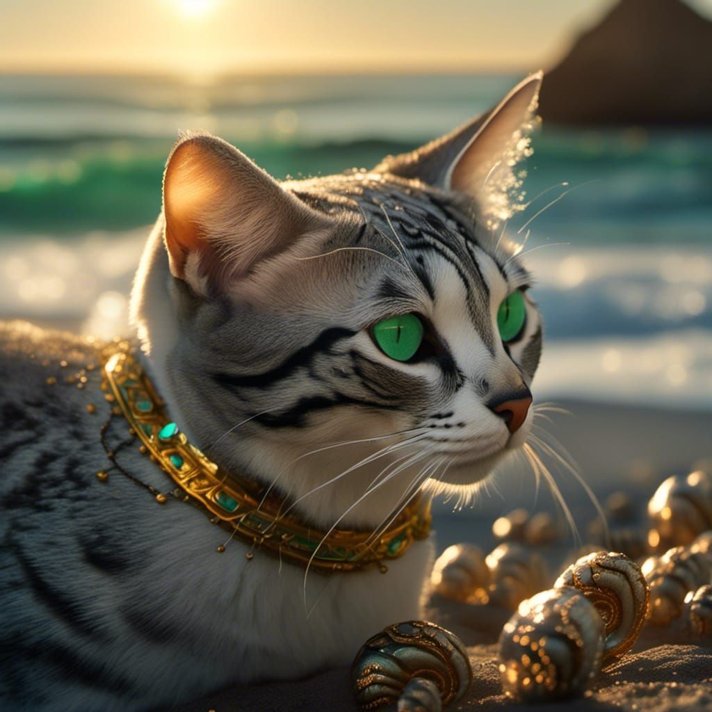 Egyptian Mau Cat at Seaside in Cinematic Style
