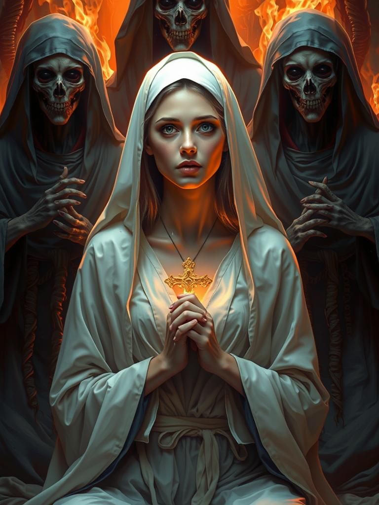 Nun's Prayer in Hellish Landscape, Gothic Horror