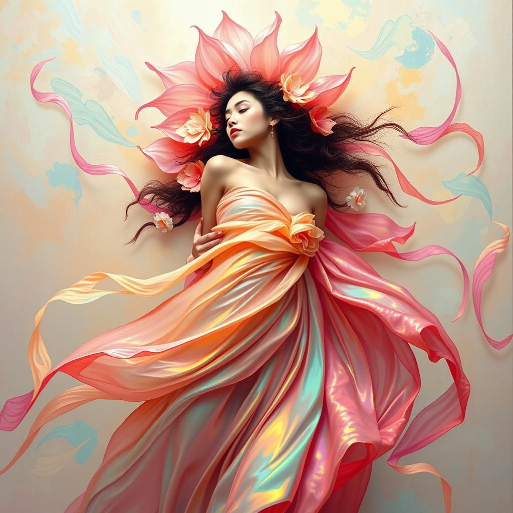Radiant Figure in Dreamy Pastel Landscape