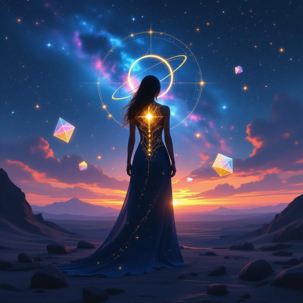 Cosmic Woman on Barren Landscape, Digital Art