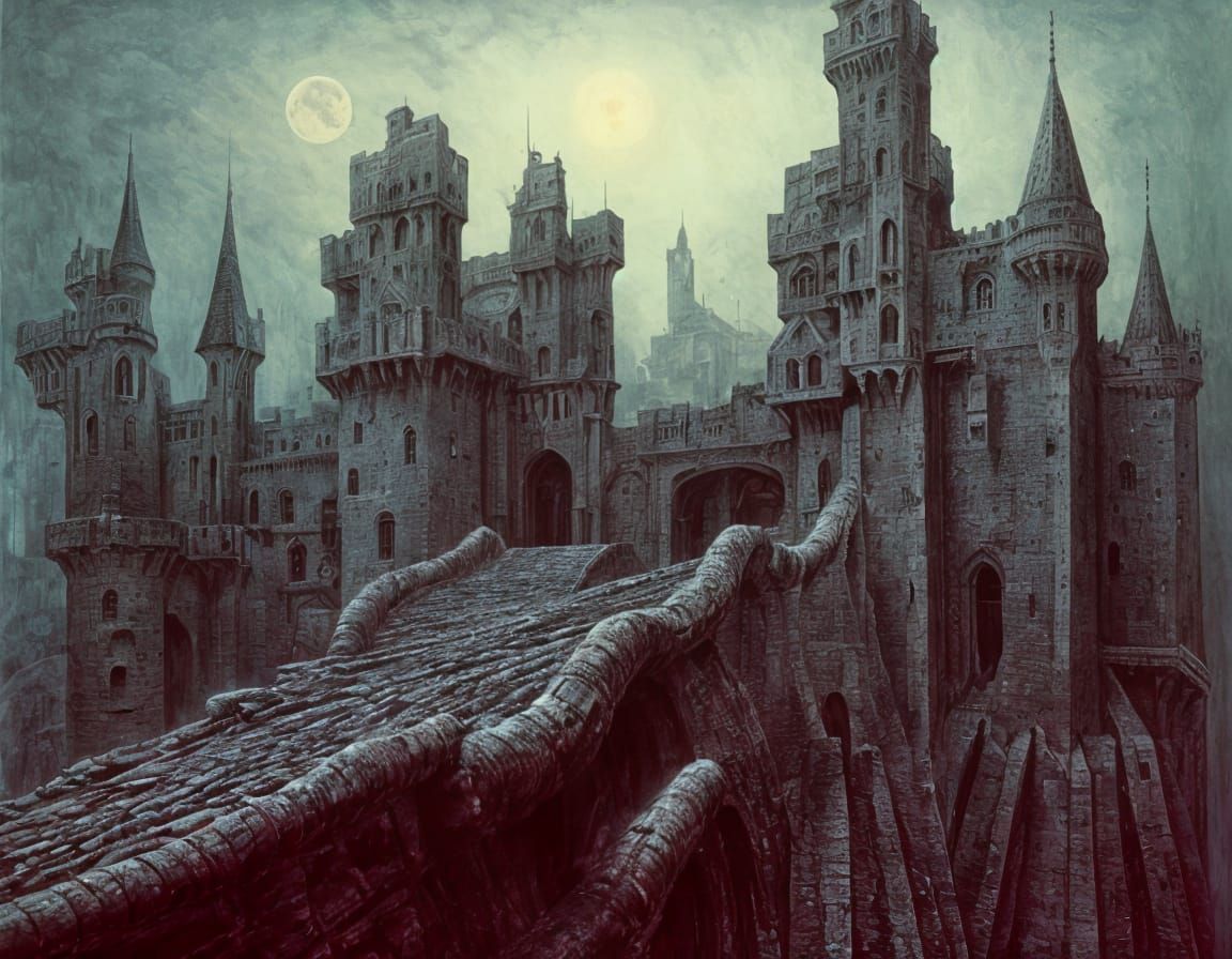 Surreal Castle Painting with Drawbridges and Moats