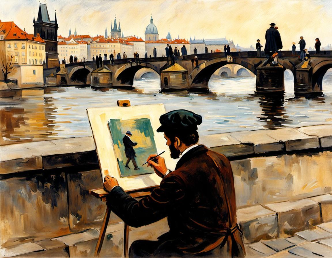Artist Painting Portrait in Prague, Toulouse-Lautrec Style