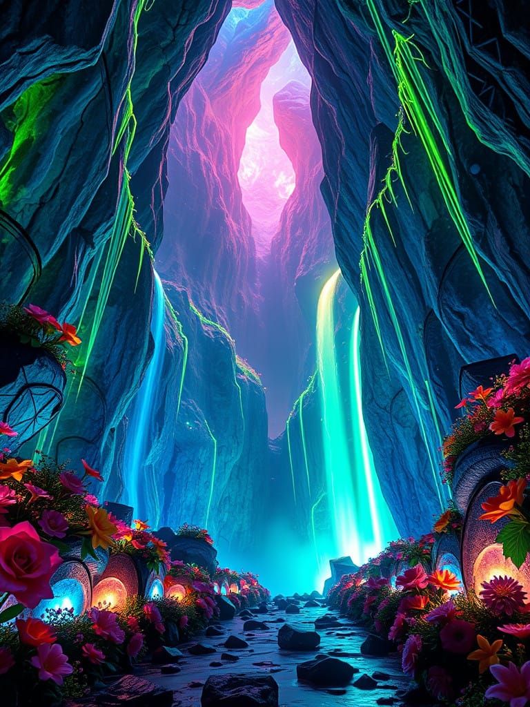 Ethereal Bioluminescent Caverns in Iridescent Hues