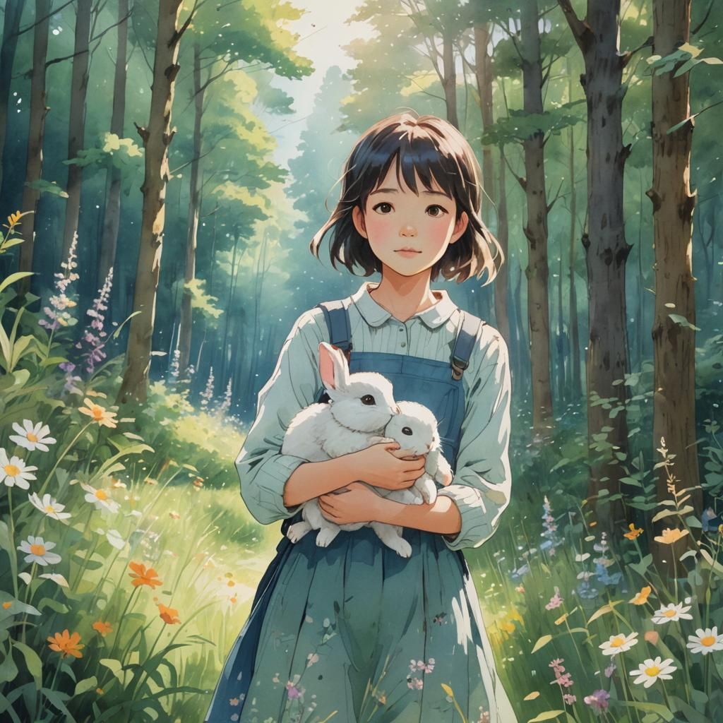 Girl with Rabbit in Forest: Shinkai-Inspired Art