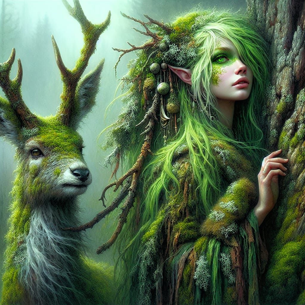 Ethereal Dryad and Jackalope in Pastoral Scene