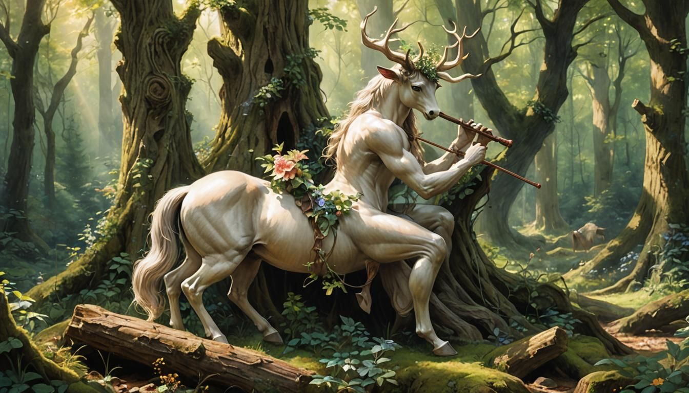 Centaur Flute Player in Forest Clearing