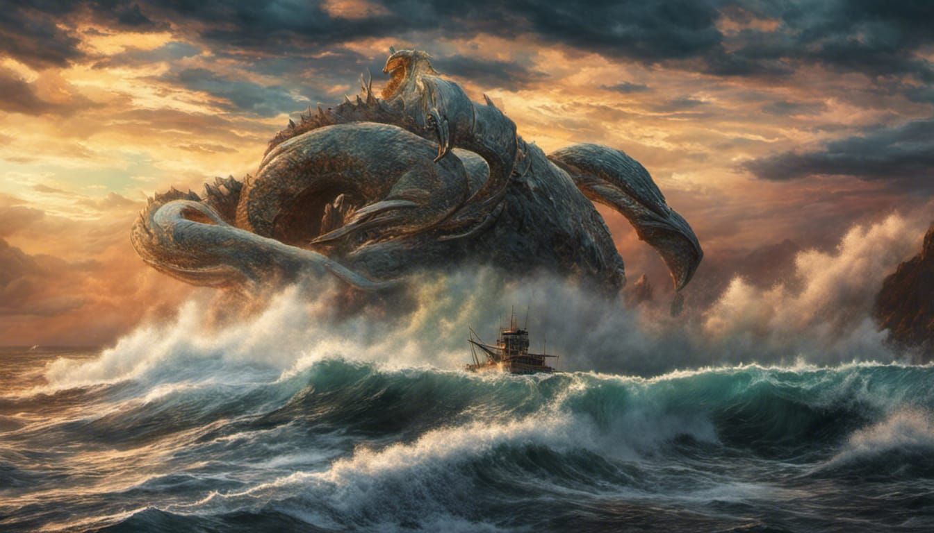 Mythical Sea Monster Emerges from Stormy Sea