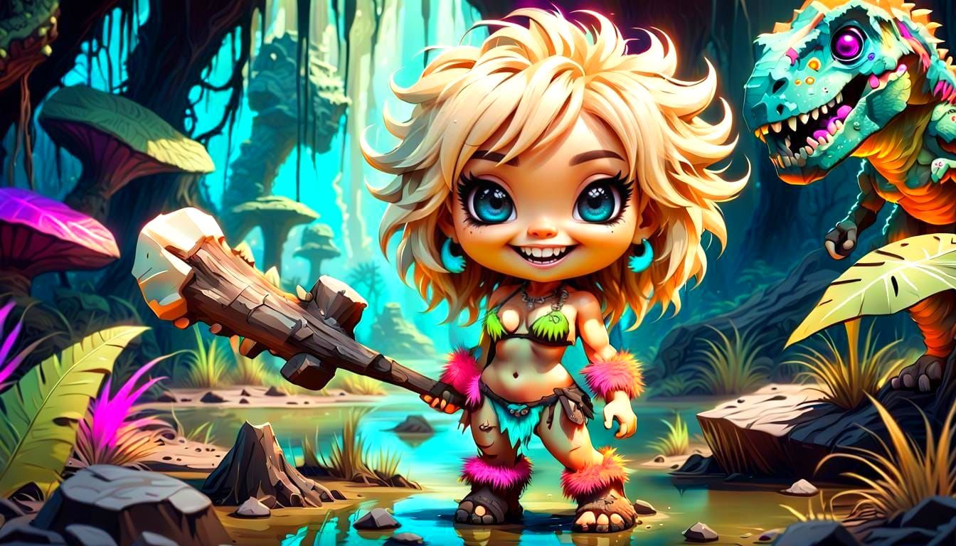 Cute Prehistoric Chibi Babe in Cartoon Style