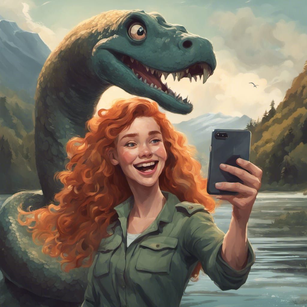 Girl's Selfie with Loch Ness Monster: Artstation Style