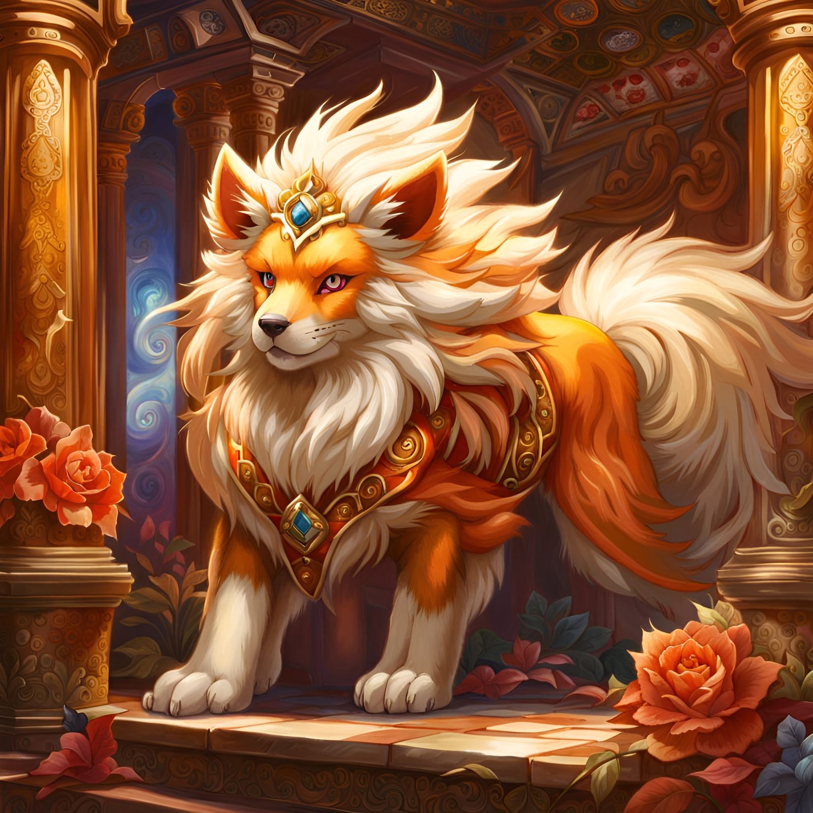 Ornate Fantasy Portrait of a Majestic Arcanine in a Palace