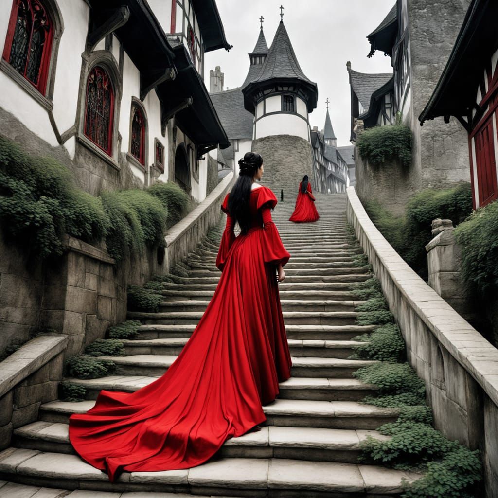 Medieval Woman Descending Stairs in Rackham Style