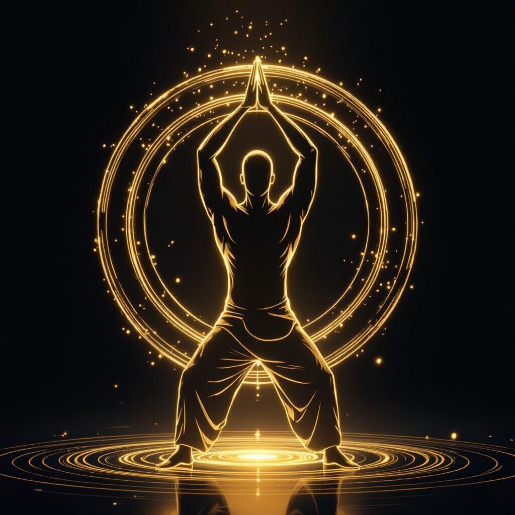 Golden Light Silhouette of Man Practicing Qigong