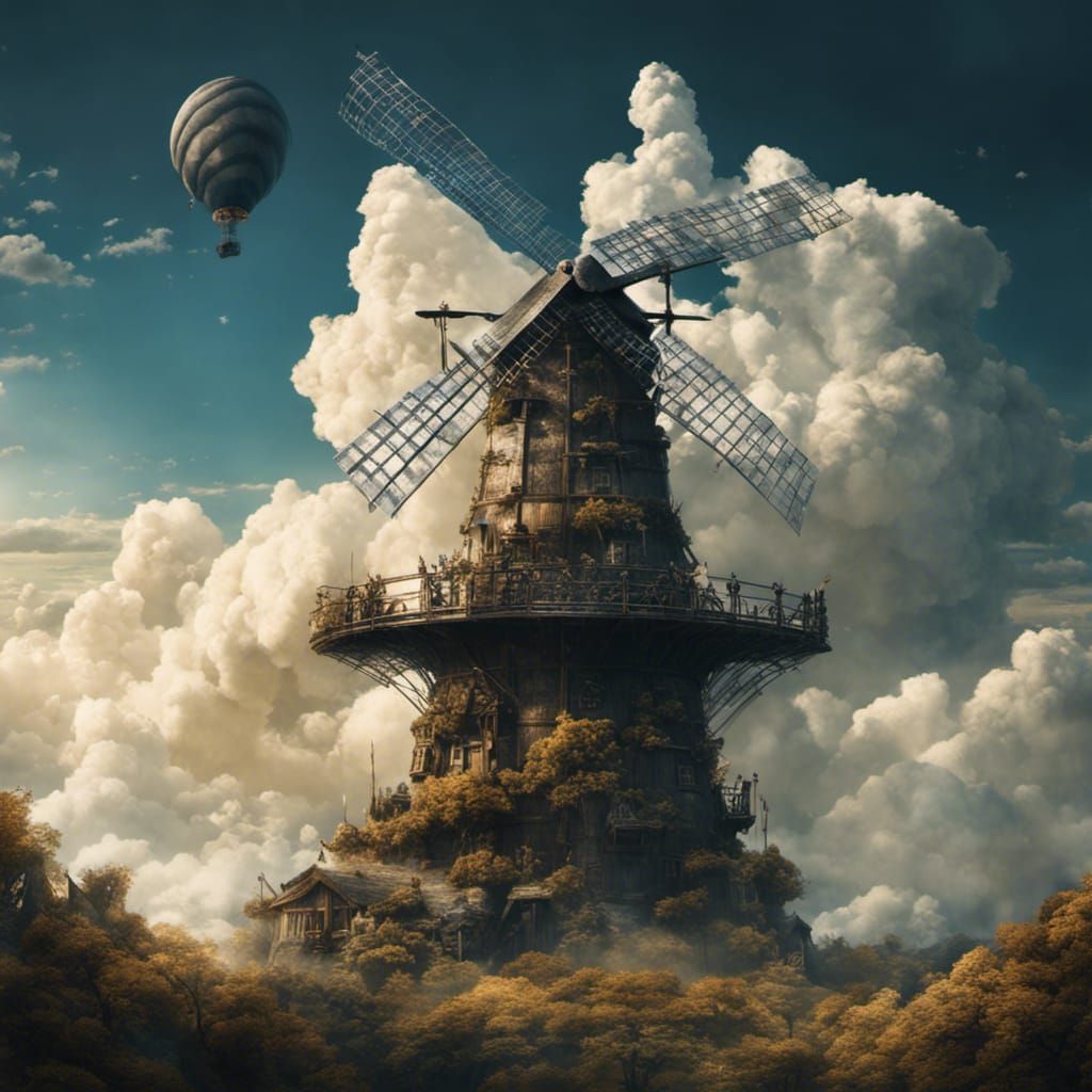 Broken old windmill high up in the clouds