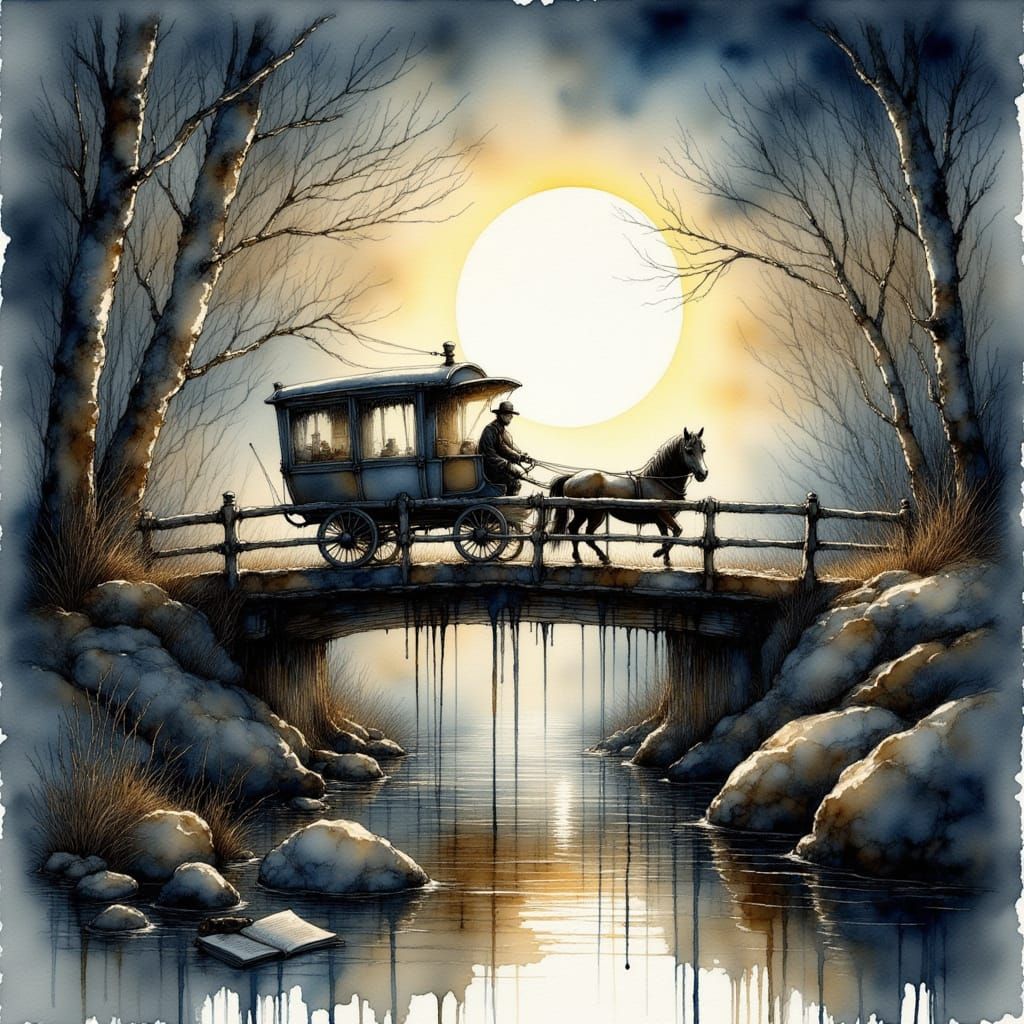 Horse and Carriage on Moonlit Bridge as Watercolor