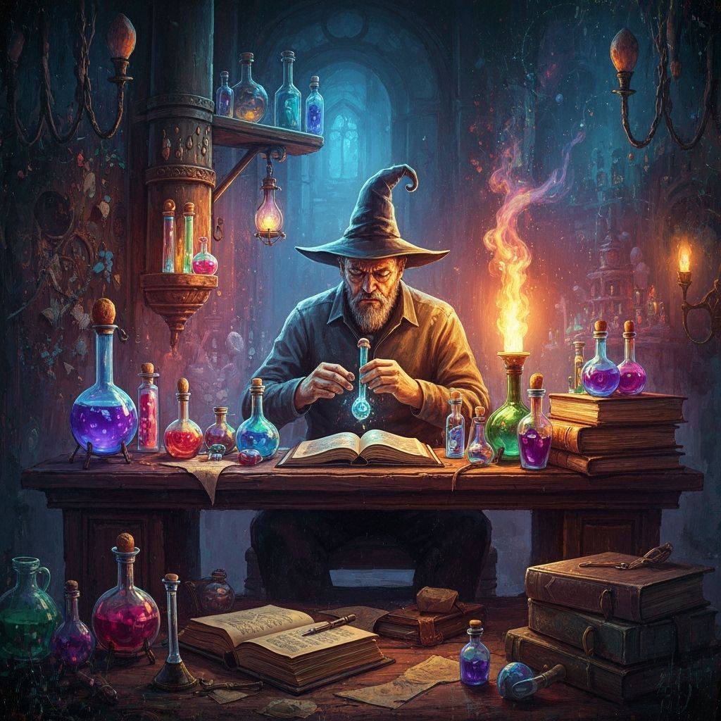 Wizard Crafts Potions in Fantastical Lab