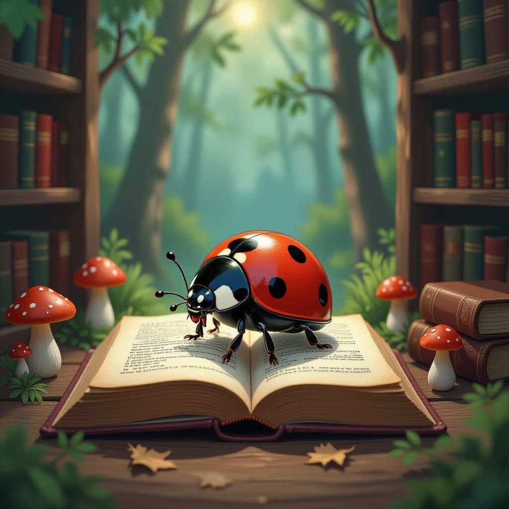 Ladybug Explorer in Forest Library, Miyazaki Style