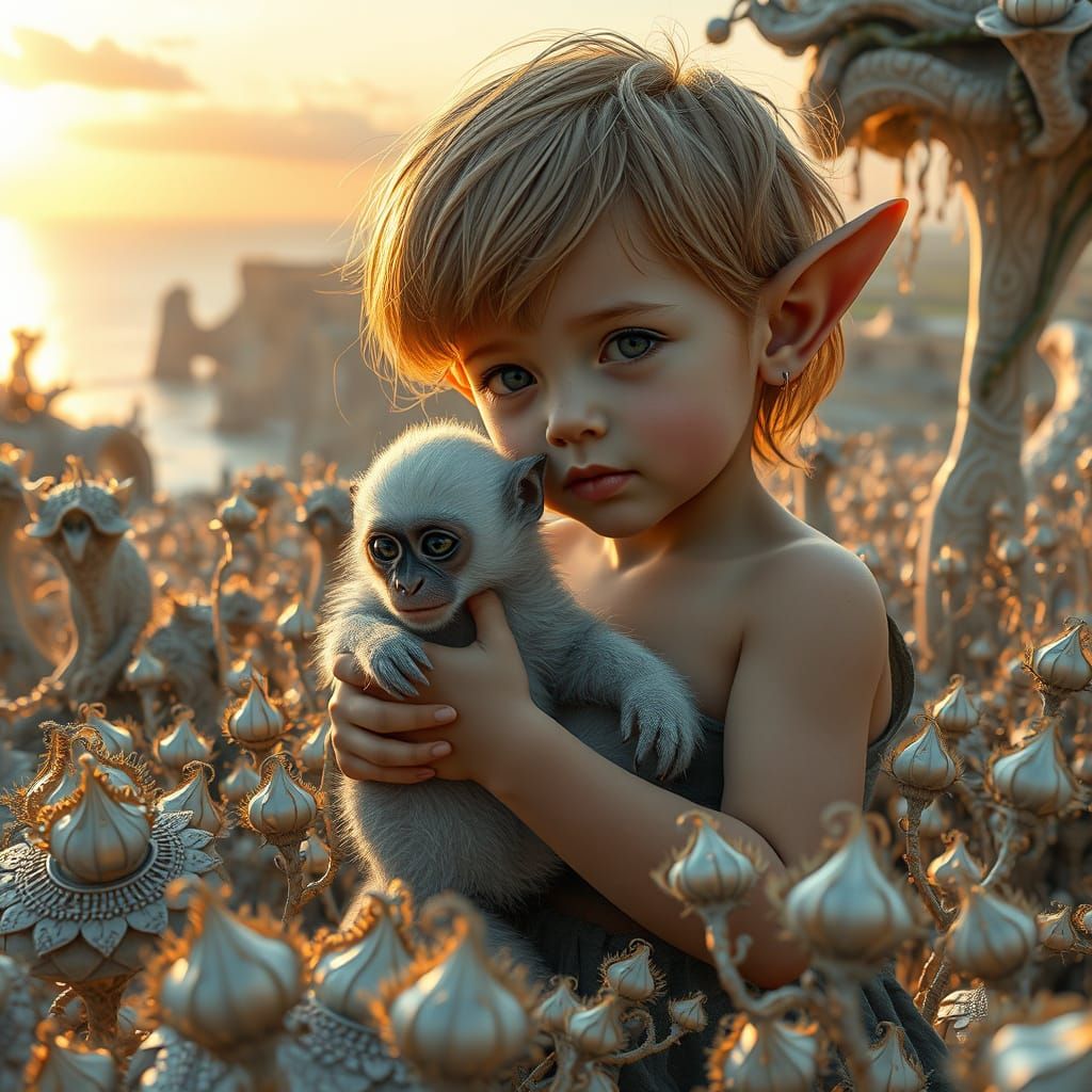 Elven Child with Monkey in Fractal Sculpture Garden