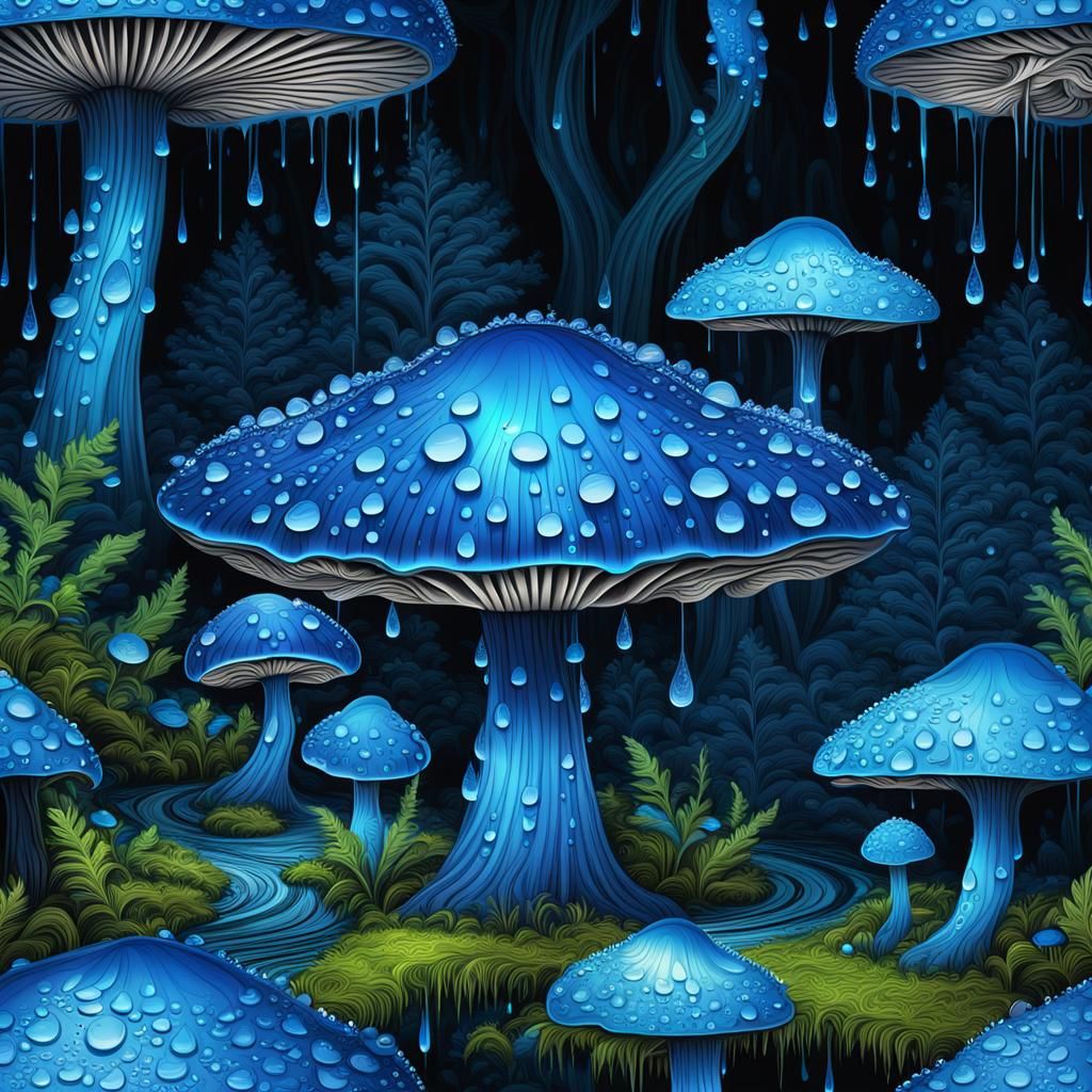 Enchanted Forest: Sparkling Blue Rain on Mushroom