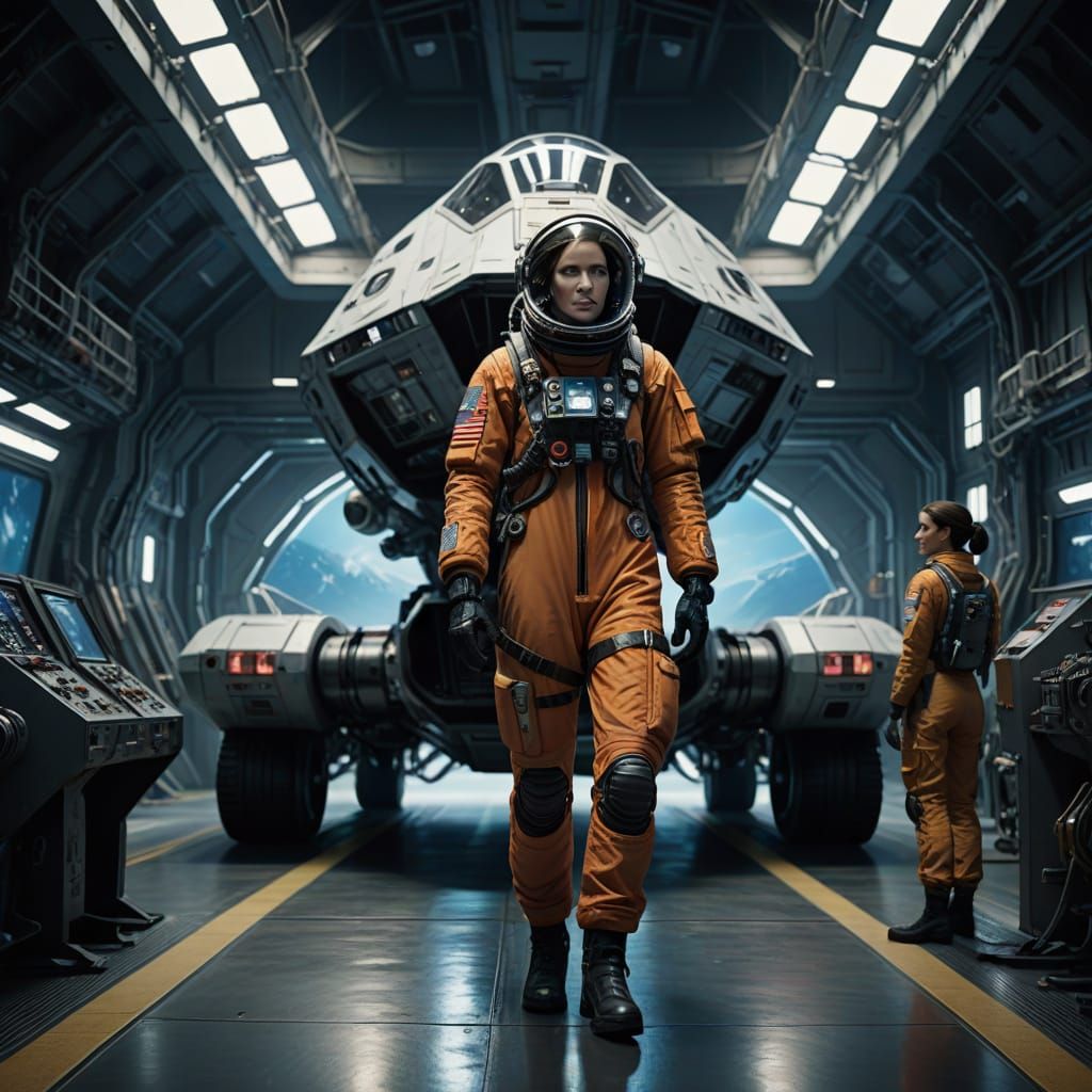 Sleek Futuristic Spacecraft in Military Hangar, Reflecting S...