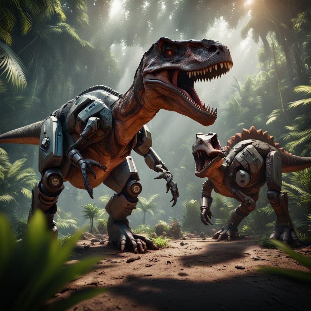 Robotic Dinosaurs Fight in Jungle: 3D Game Cinematic