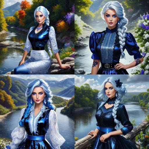 Goddess in Dark Blue Iridescent Gown with Lace Trim and Comb...