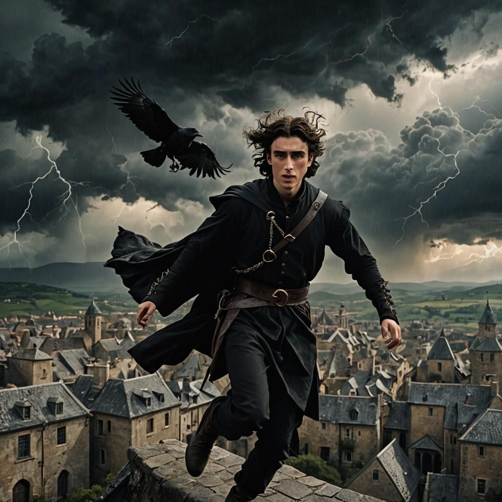 Medieval Man with Crow in Stormy Sky