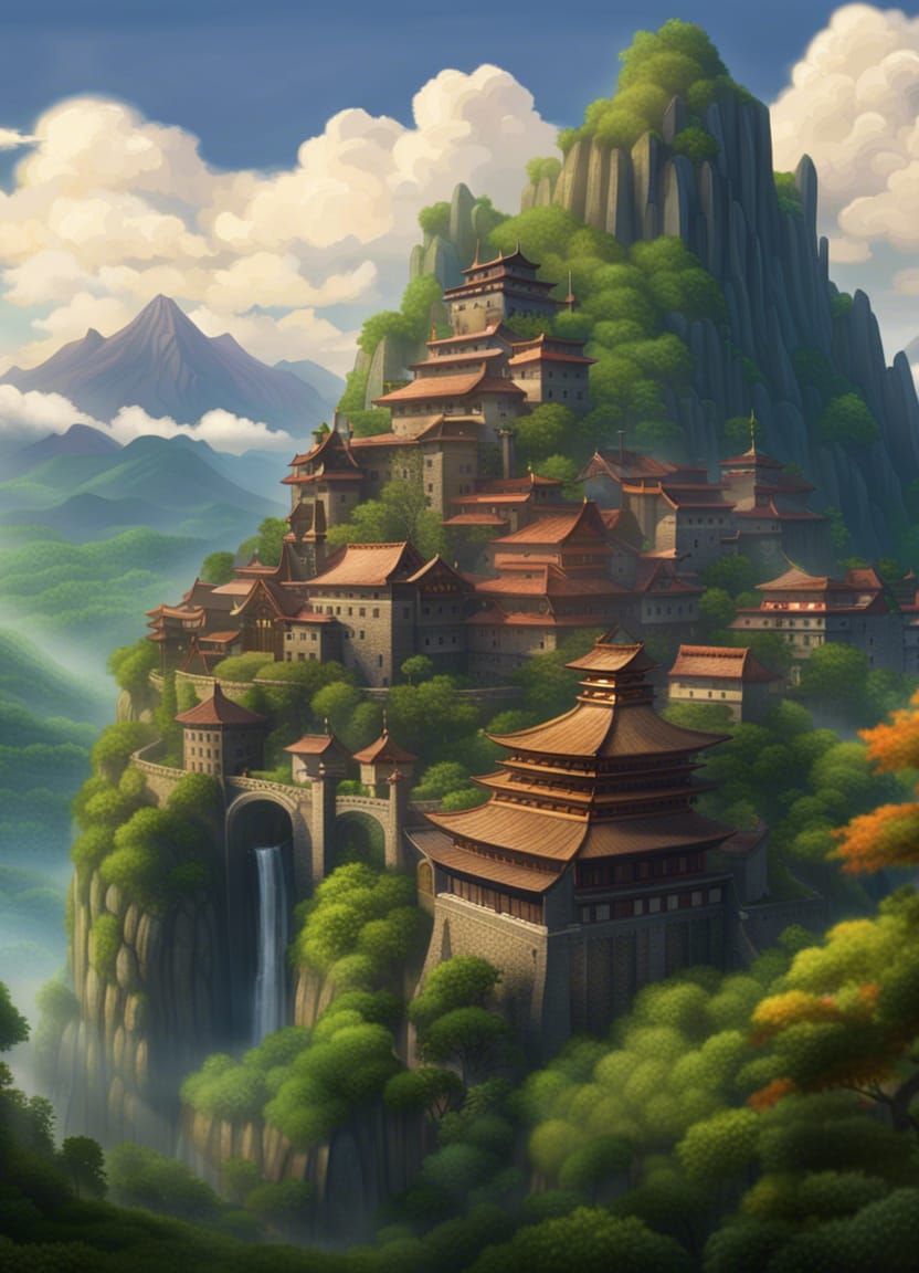 Lush Mountain City in Studio Ghibli Style