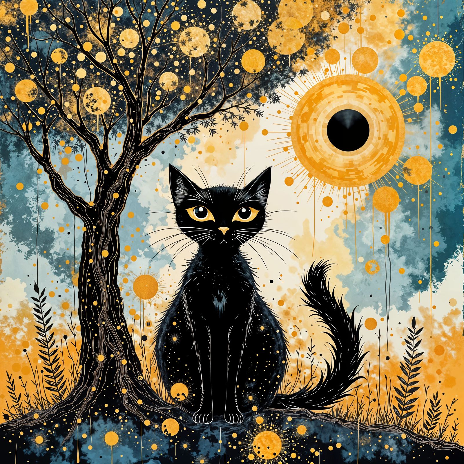 Black Cats with Golden Accents in Abstract Blue and Yellow W...