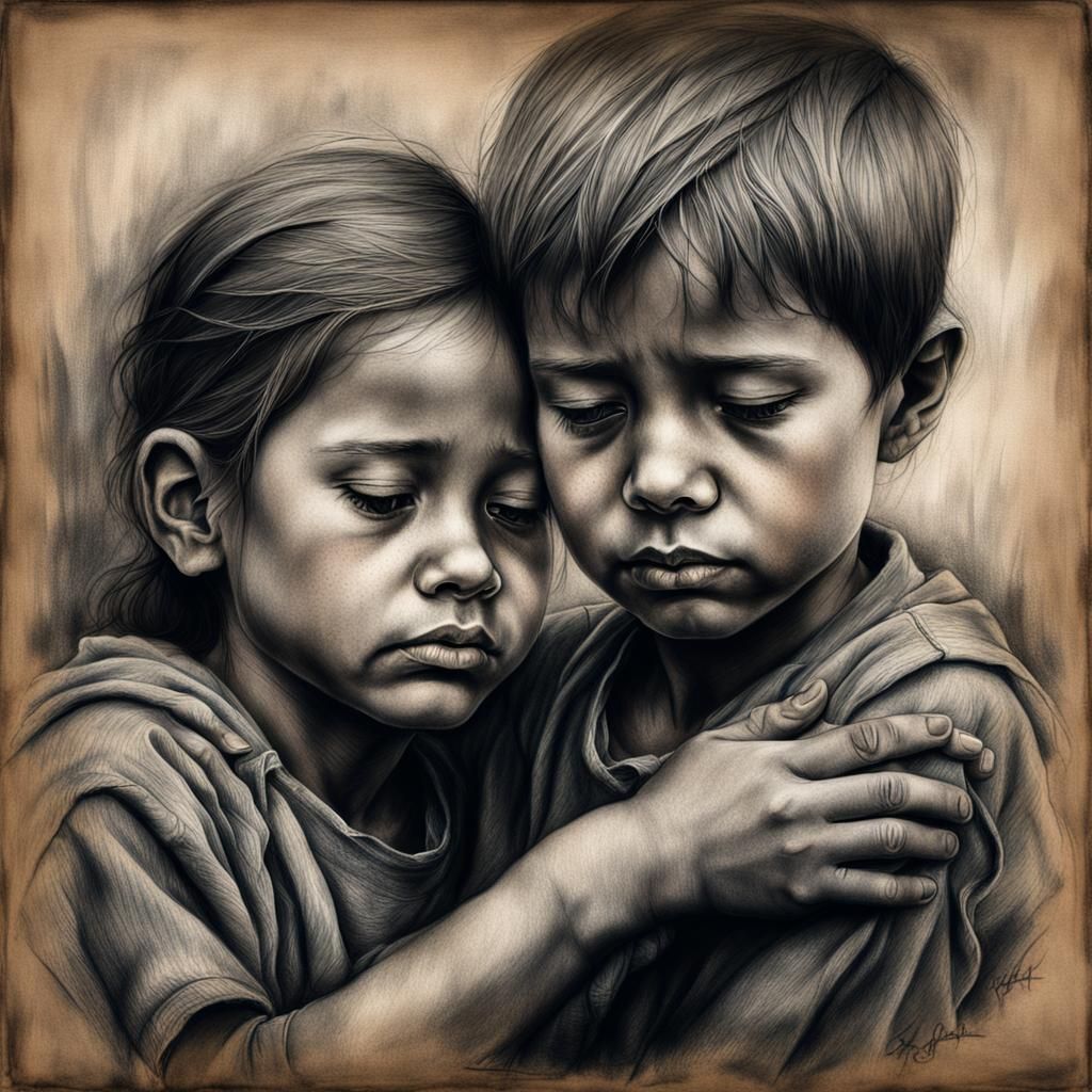 Poignant Charcoal Portrait of Orphan Siblings
