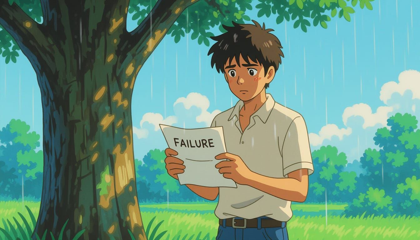 Melancholy Young Man in Rain, Ghibli Style