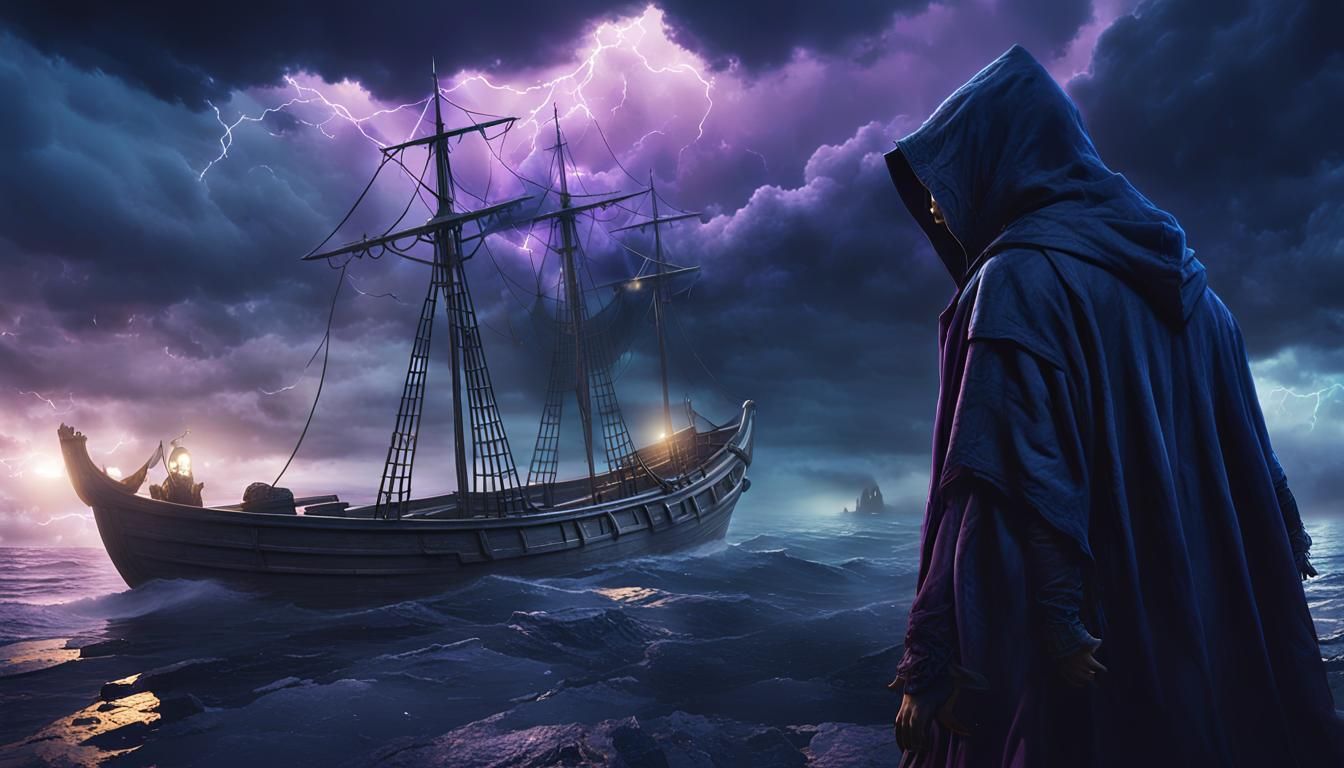 Haunted Boat Watched by Entity: Dark Fantasy Art