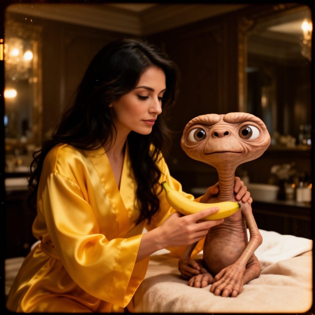 Beautiful Woman Massages E.T. with Banana in Opulent Parlor