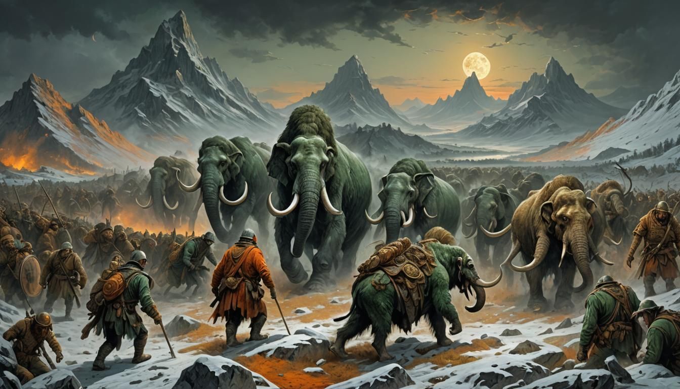 Zombie Mastodons Cross Alps in Horror Art Style