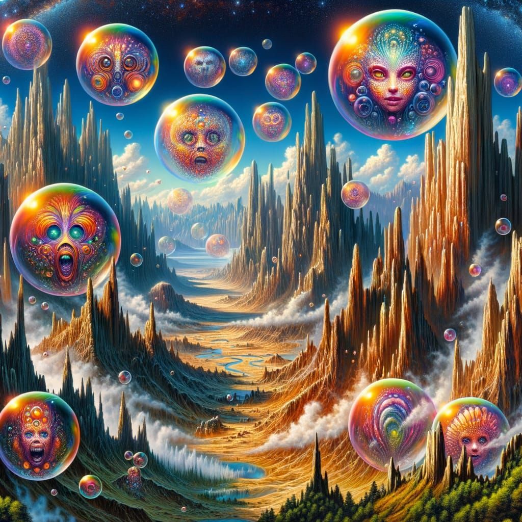 Fantasy Alien World with Bubbles of Vibrant Faces Over a Val...