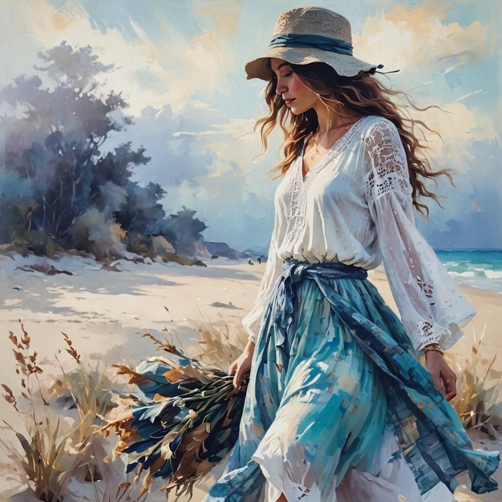 Boho Woman on Beach in Impressionist Style