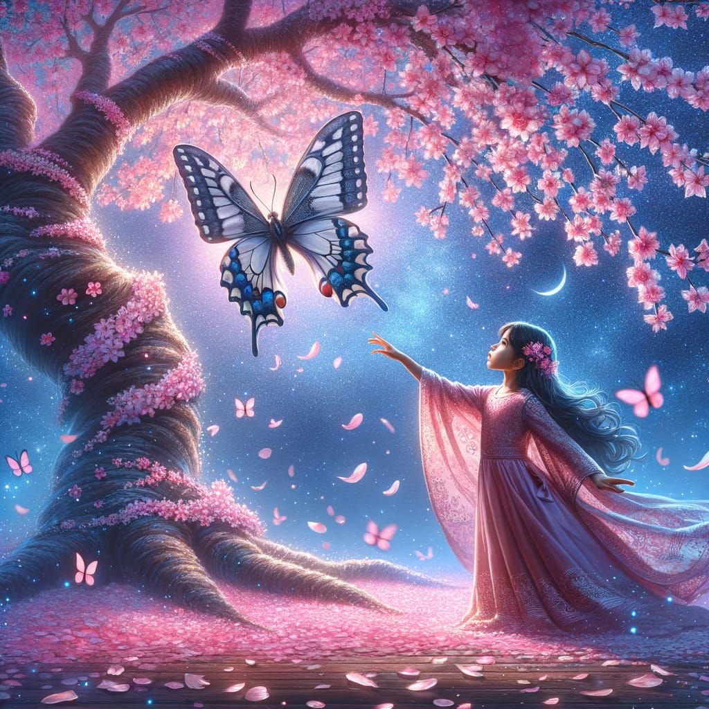 Enchanted Butterfly Under Sakura Tree at Night