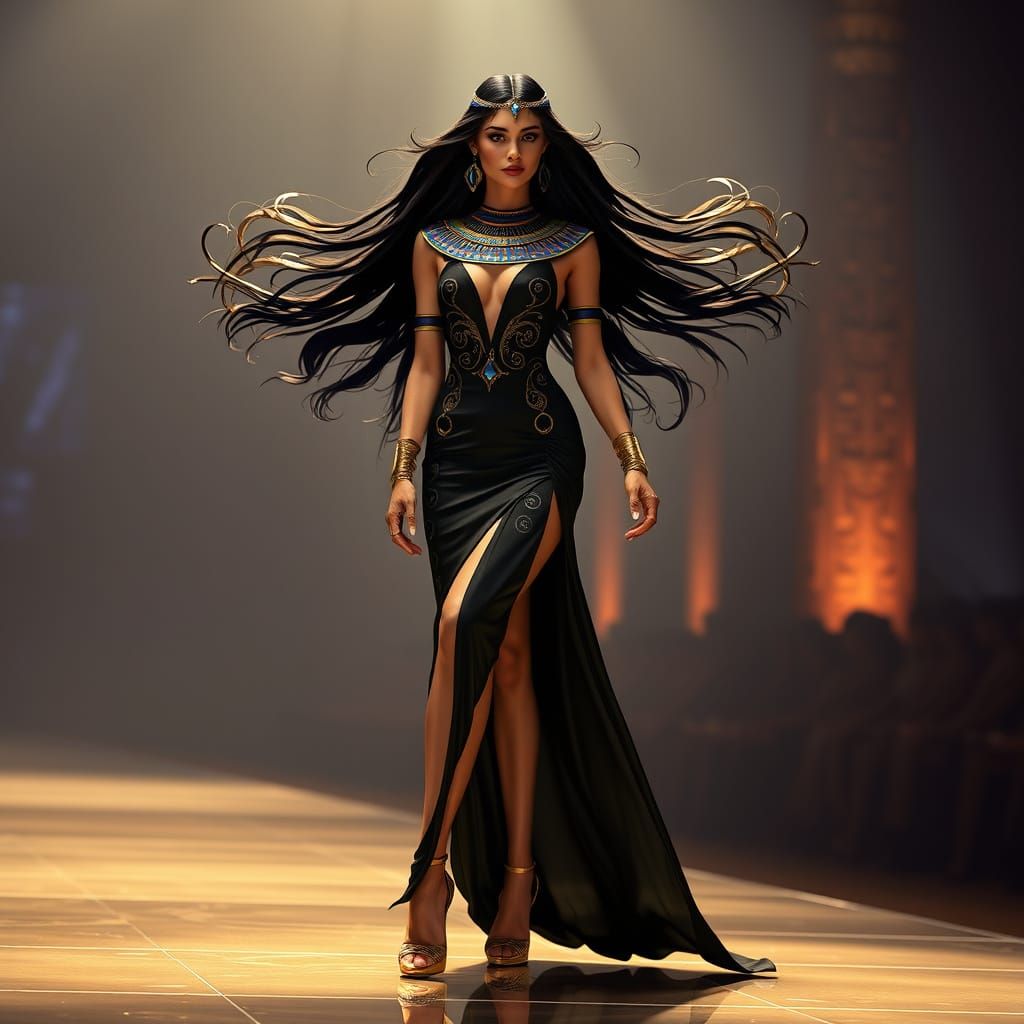 Egyptian Goddess Struts Down the Runway in Opulent Evening G...