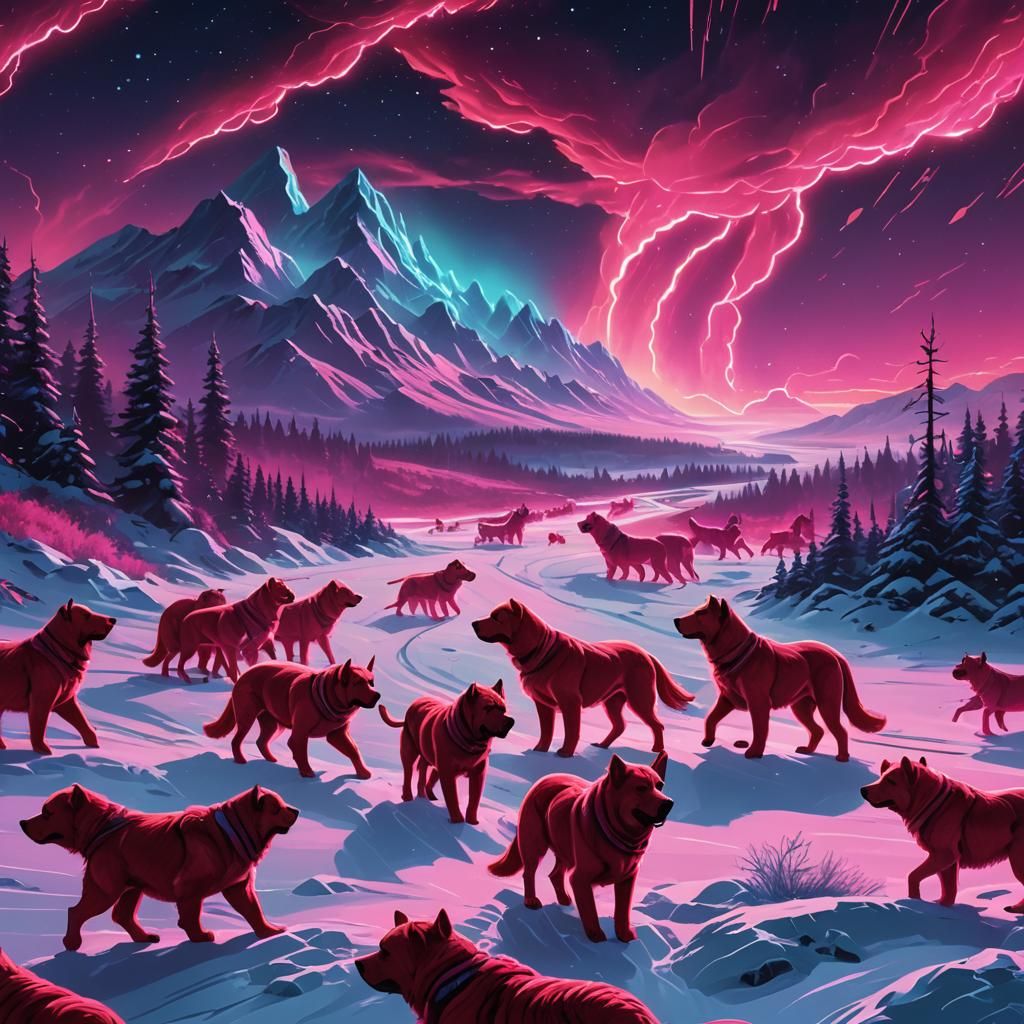 Giant Red Dogs March in Synthwave Landscape