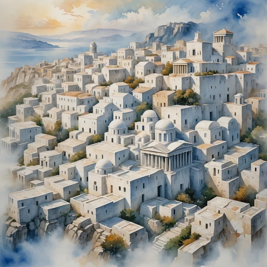 Glass and Fog Ancient Greek City in Gouache Style
