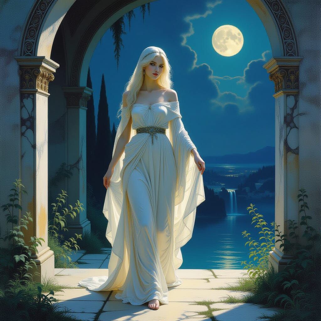 Ethereal Woman in Surreal Nocturnal Landscape