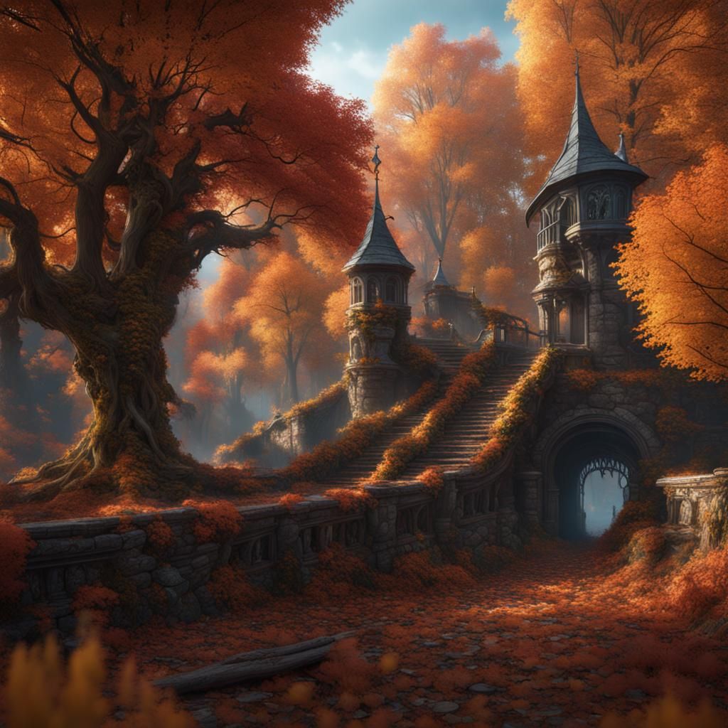 Detailed Matte Painting of a Fantastical Autumn Scene