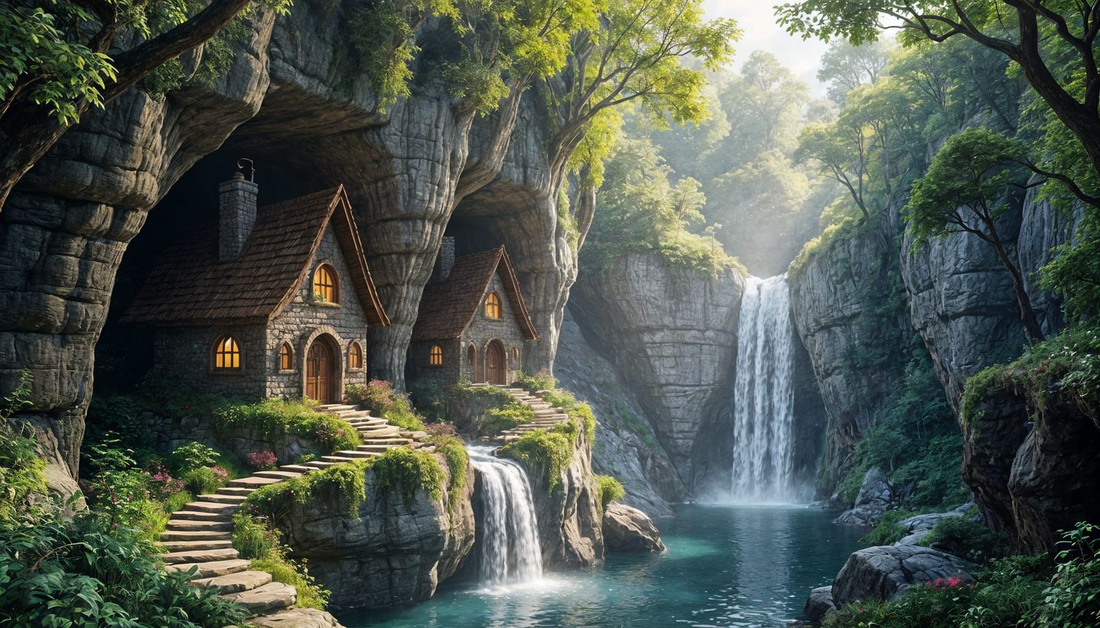 Fairytale Cliffside Cottages by Waterfall, Digital Art