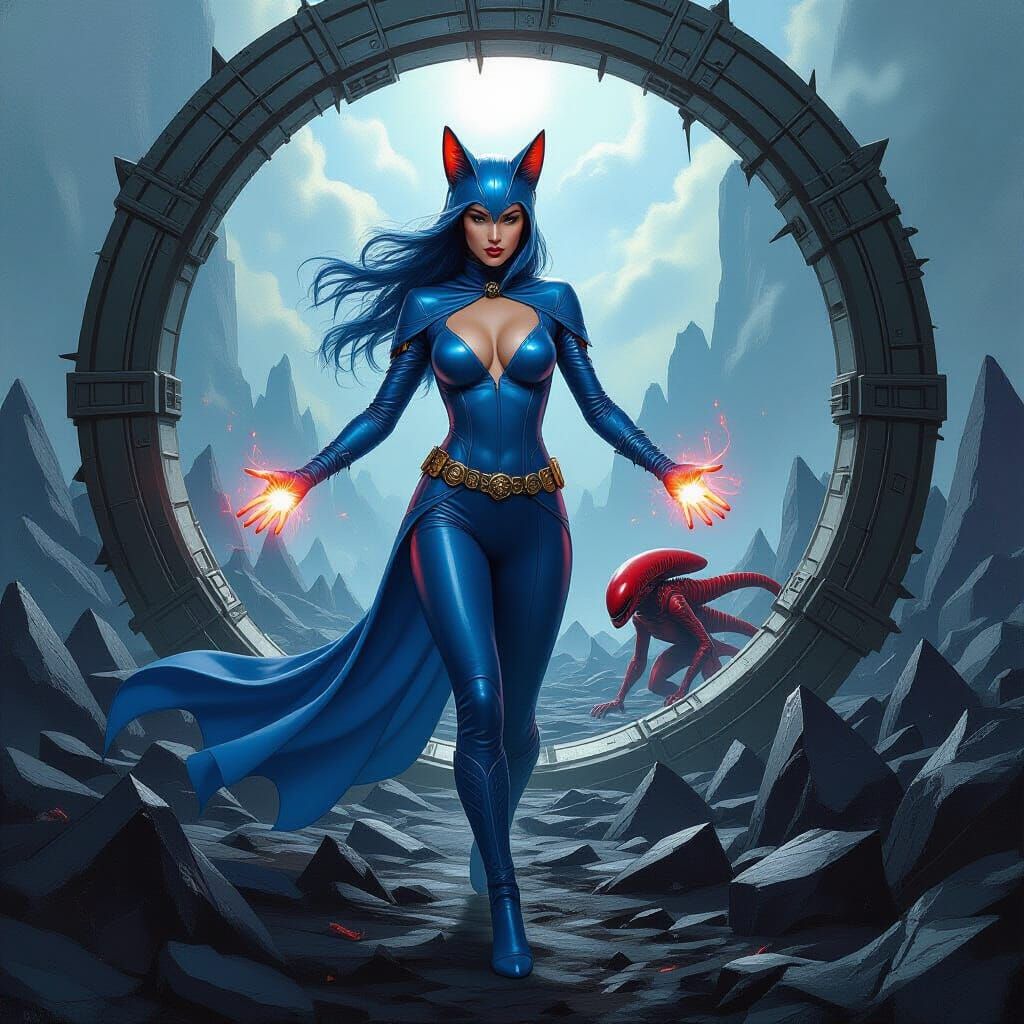 Sorceress Flees Xenomorph Through Portal, Fantasy Oil Painti...