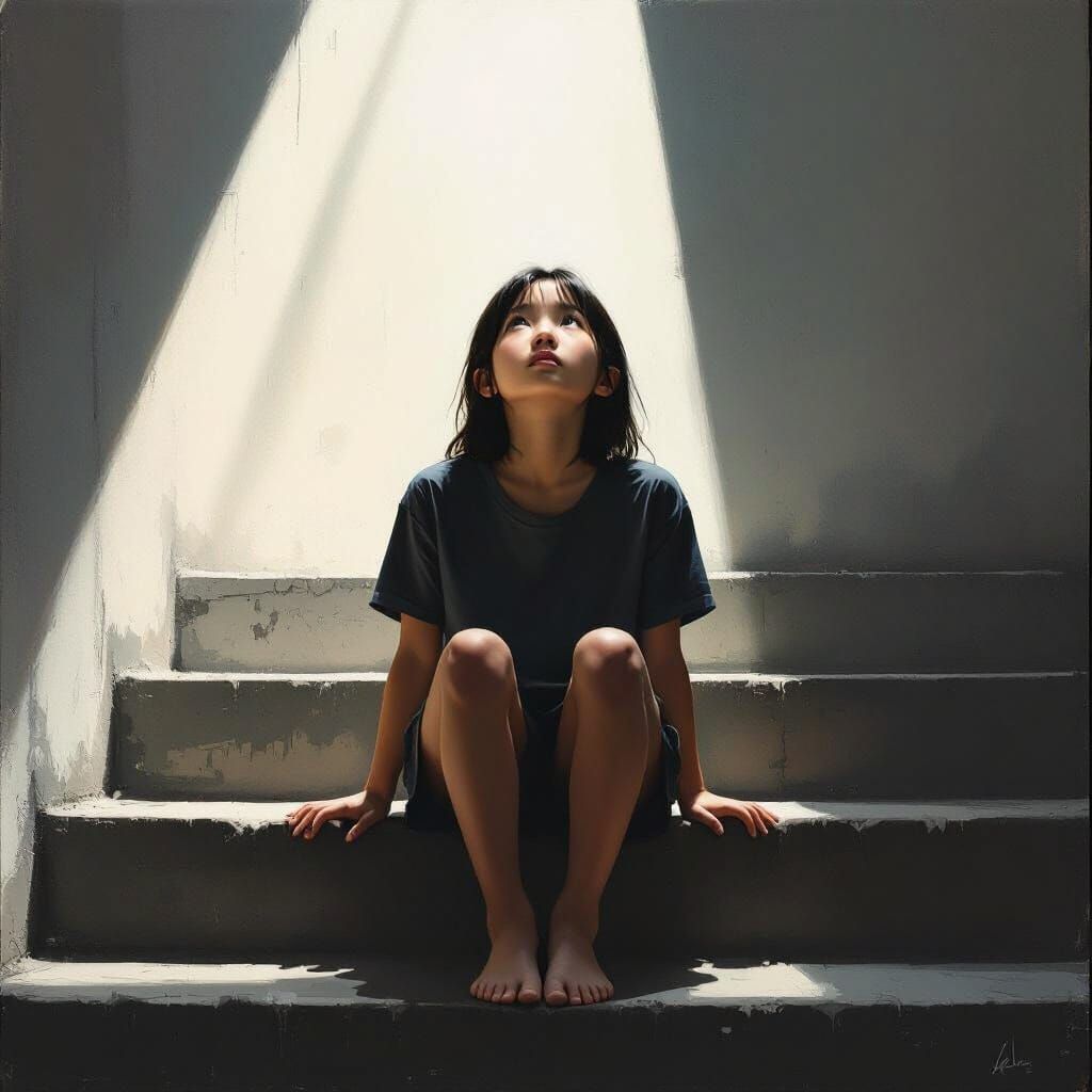 Pensive Girl in Single Light Beam on Stairs