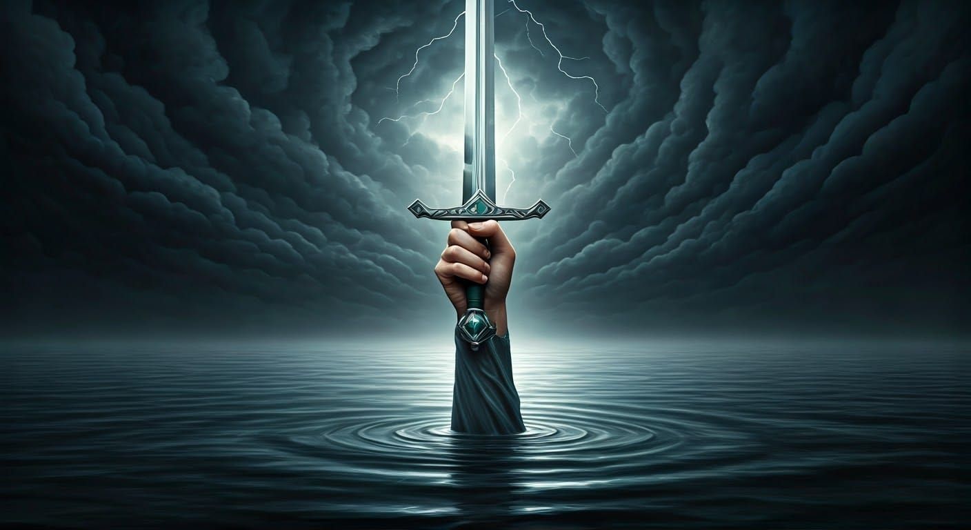 Epic Oil Painting of a Heroic Female Arm Rises from the Lake...